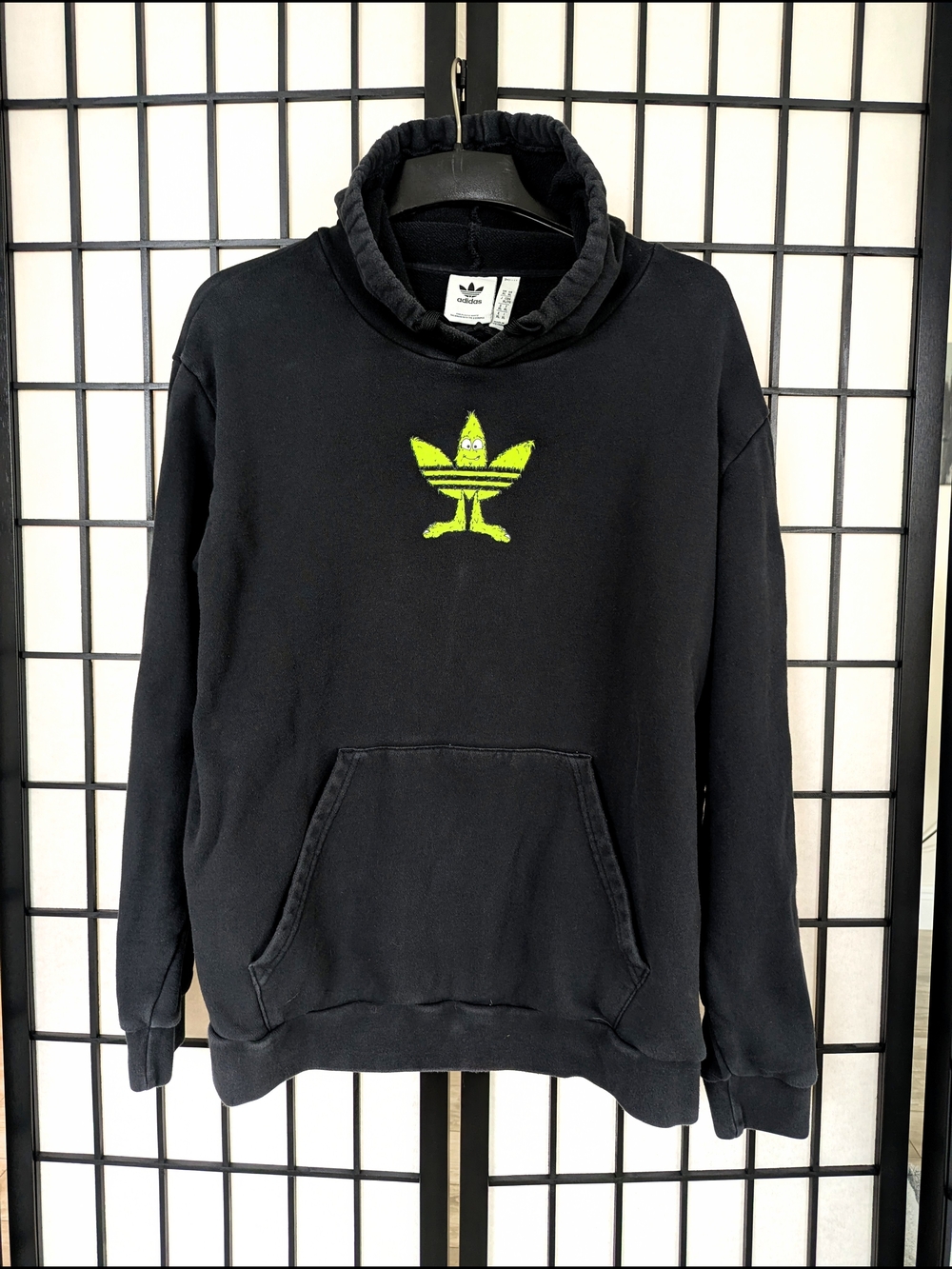 Men's XL Adidas Novolty Black Kango Hoodie with Neon Green Trefoil Logo